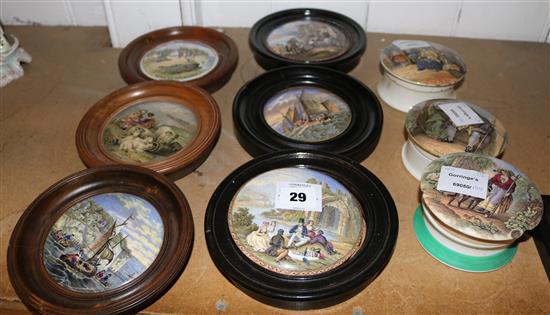 6 framed pomade pot lids incl. Pegwell Bay, Peace and Off Ramsgate and three pomander pots and lids